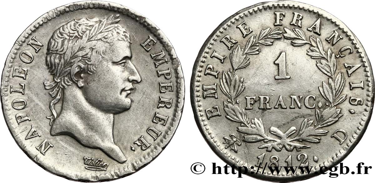 1 franc Napoléon Ier tête laurée, Empire français 1812 Lyon F.205/44 XF 