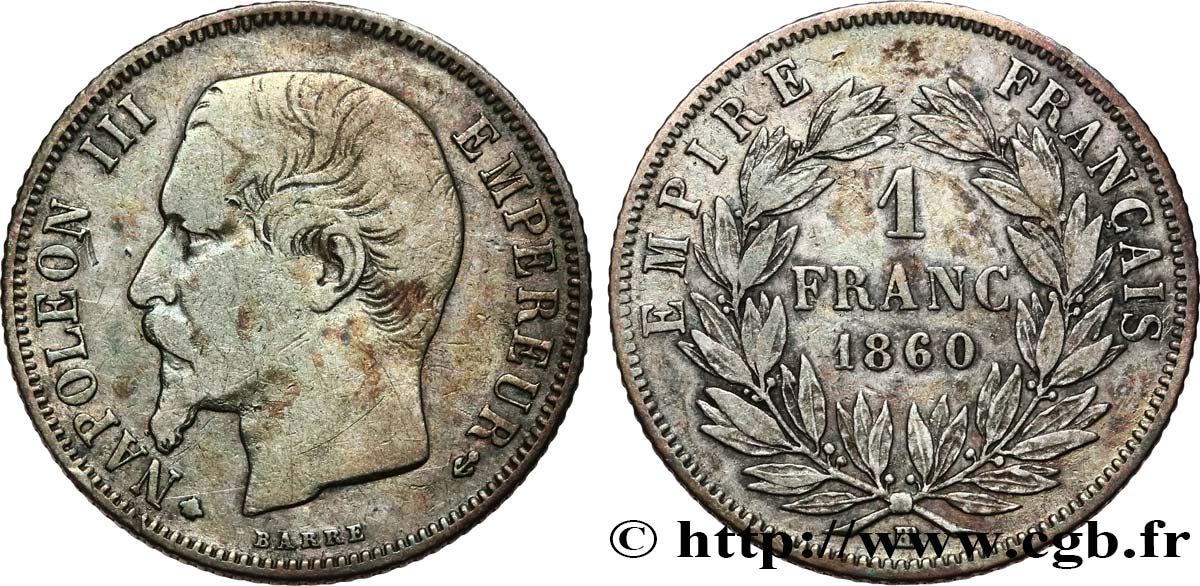 1 franc Napoléon III, tête nue 1860 Strasbourg F.214/17 TB 