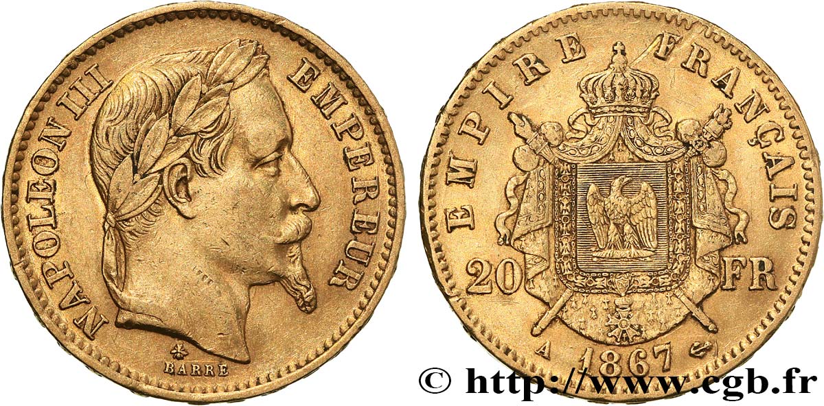 20 francs or Napoléon III, tête laurée 1867 Paris F.532/15 TTB 