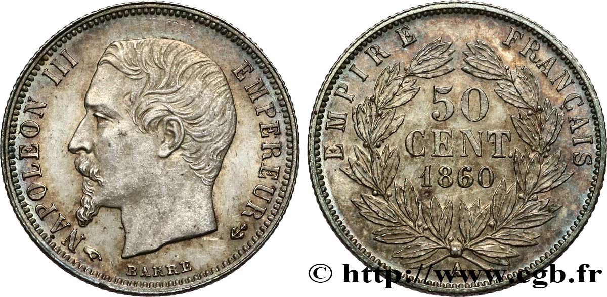 50 centimes Napoléon III, tête nue 1860 Paris F.187/12 SUP+ 