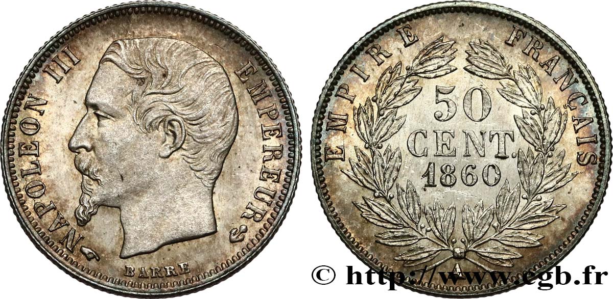 50 centimes Napoléon III, tête nue 1860 Paris F.187/13 EBC62 