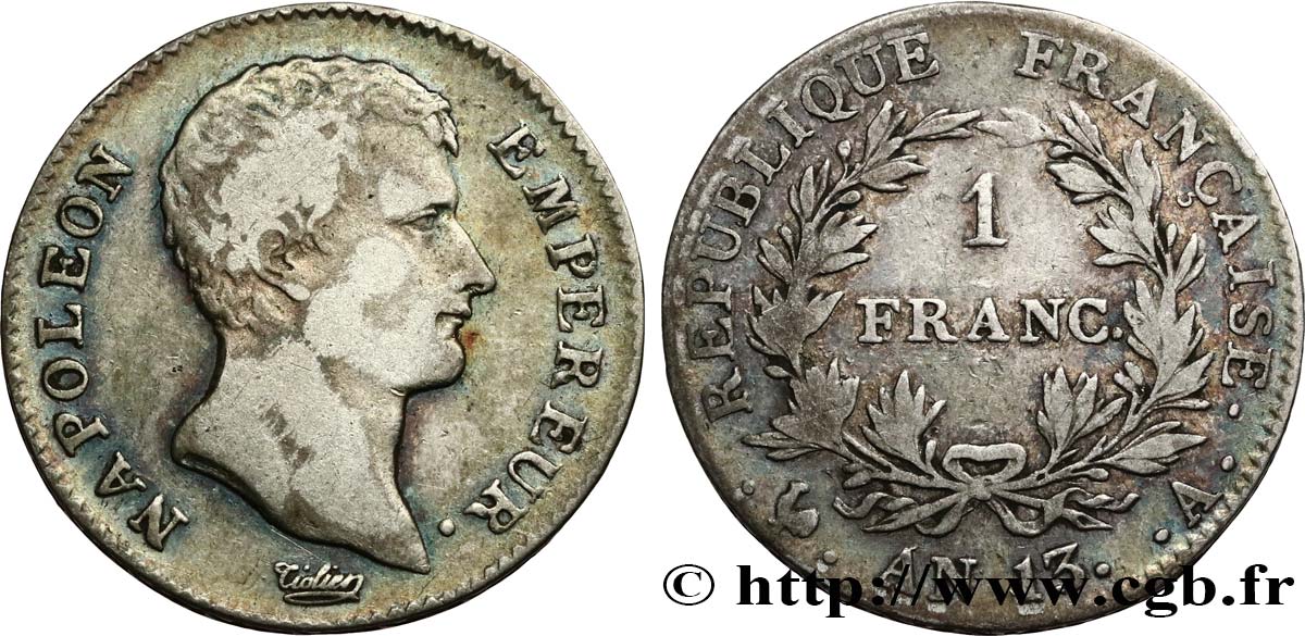 1 franc Napoléon Empereur, Calendrier révolutionnaire 1805 Paris F.201/14 fSS 