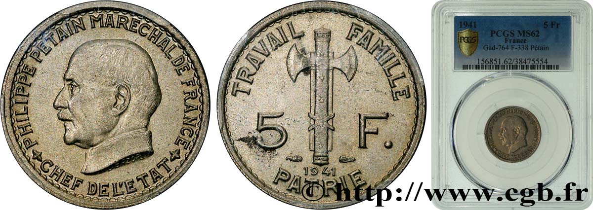 5 francs Pétain  1941  F.338/2 SPL62 PCGS