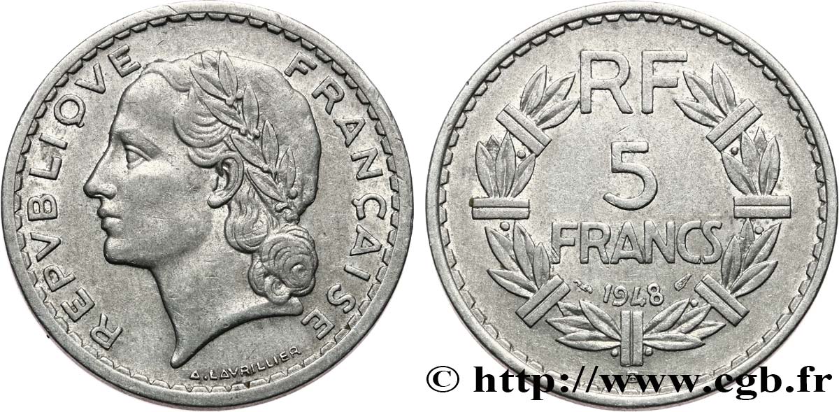 5 francs Lavrillier, aluminium 1948 Beaumont-Le-Roger F.339/15 TB+ 