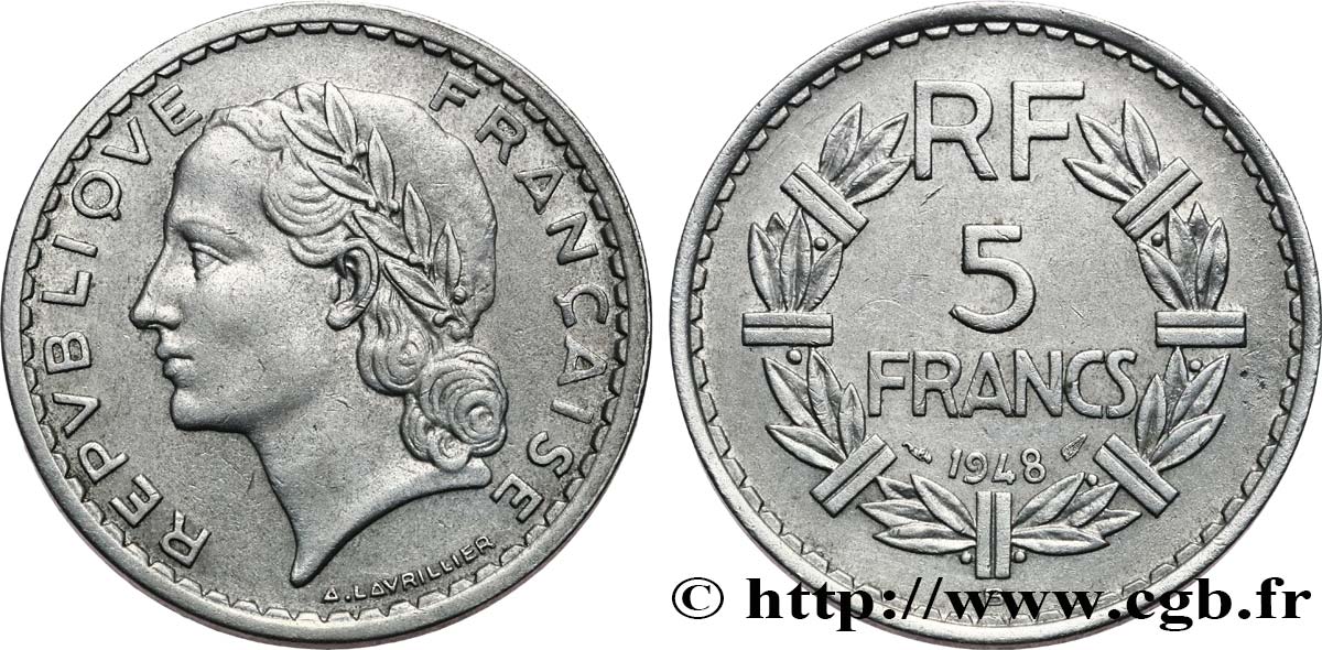 5 francs Lavrillier, aluminium 1948 Beaumont-Le-Roger F.339/15 XF 