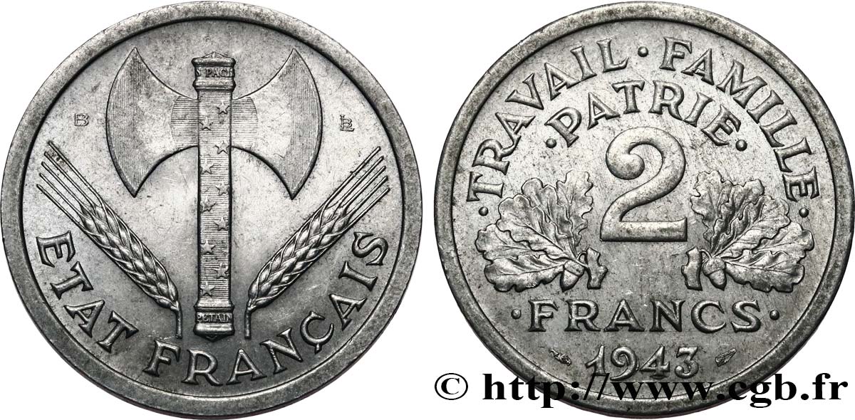 2 francs Francisque 1943 Beaumont-Le-Roger F.270/3 AU53 