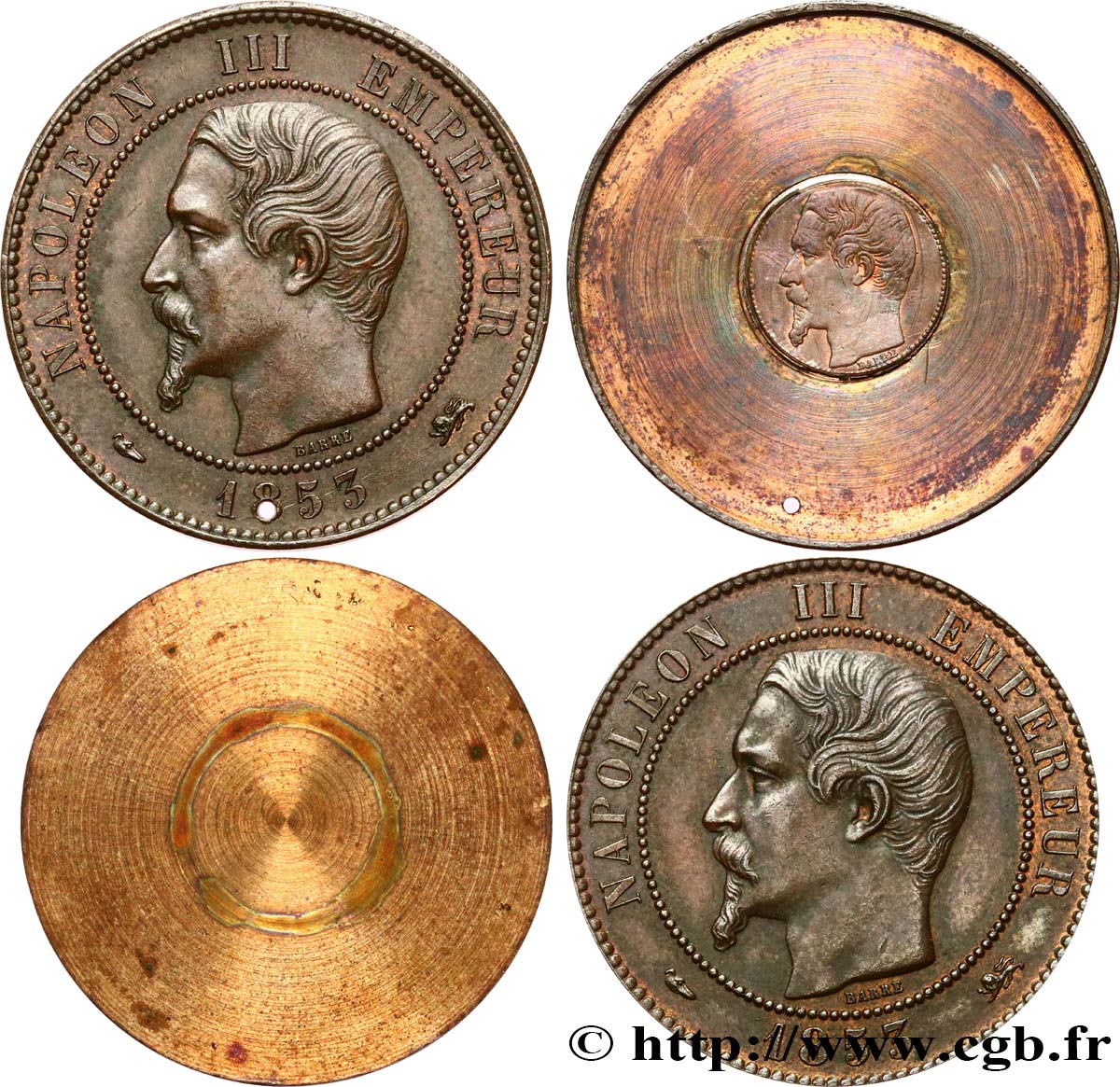 Dix centimes Napoléon III, tête nue, Emboîtage secret 1853 Lyon F.133/5 var. EBC 