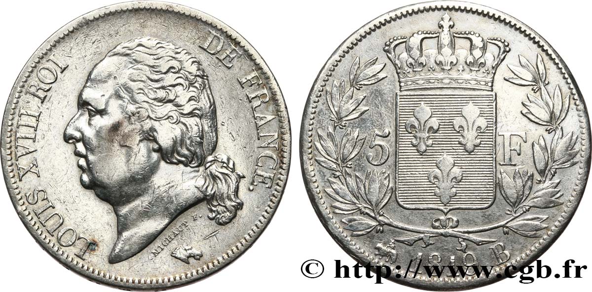 5 francs Louis XVIII, tête nue 1819 Rouen F.309/41 MBC 