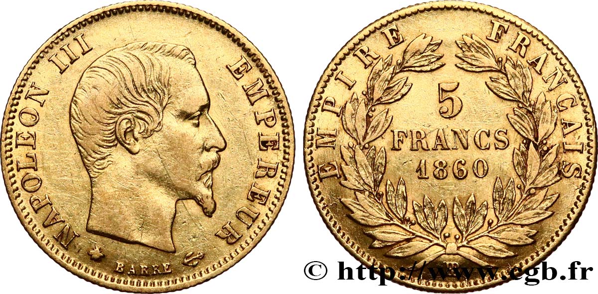5 francs or Napoléon III, tête nue, grand module 1860 Strasbourg F.501/13 TB+ 