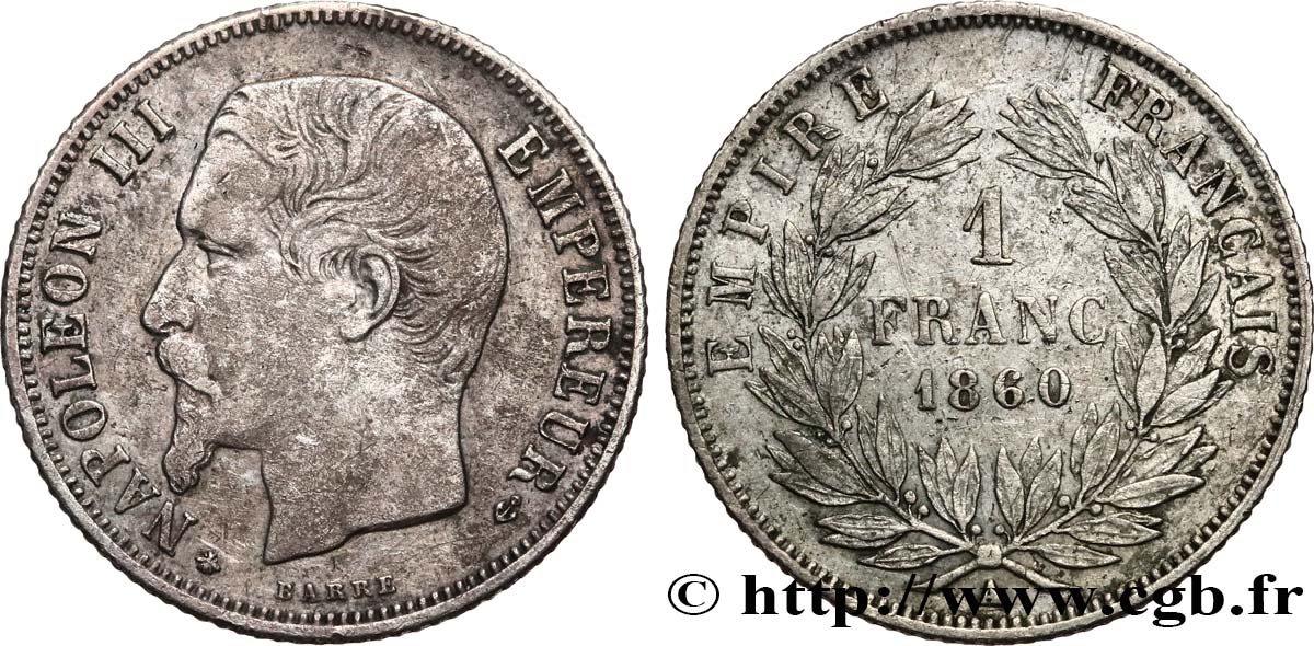 1 franc Napoléon III, tête nue, différent abeille 1860 Paris F.214/15 MB 