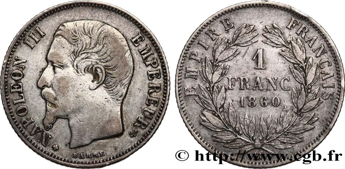 1 franc Napoléon III, tête nue 1860 Strasbourg F.214/19 VF 