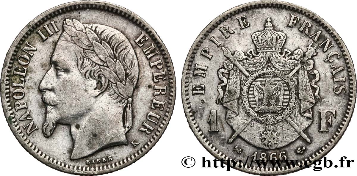 1 franc Napoléon III, tête laurée 1866 Bordeaux F.215/5 TB+ 