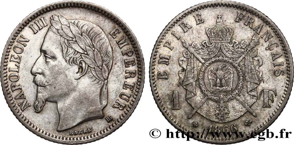 1 franc Napoléon III, tête laurée 1866 Strasbourg F.215/4 SS 