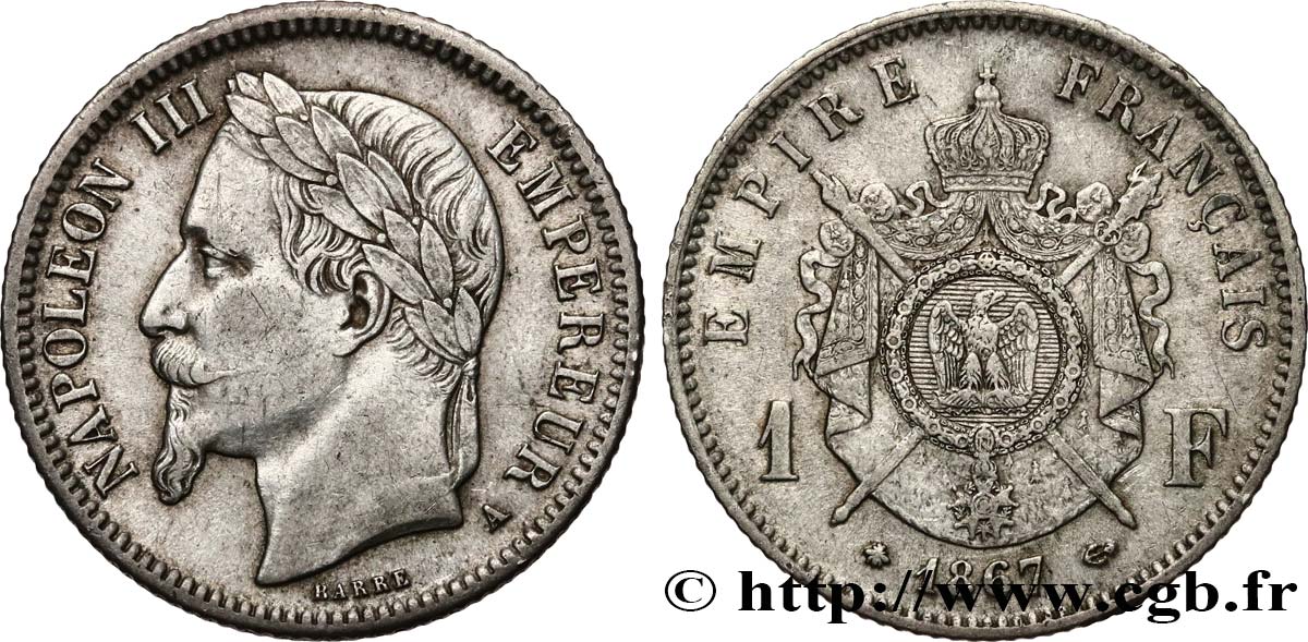 1 franc Napoléon III, tête laurée 1867 Paris F.215/6 BB 