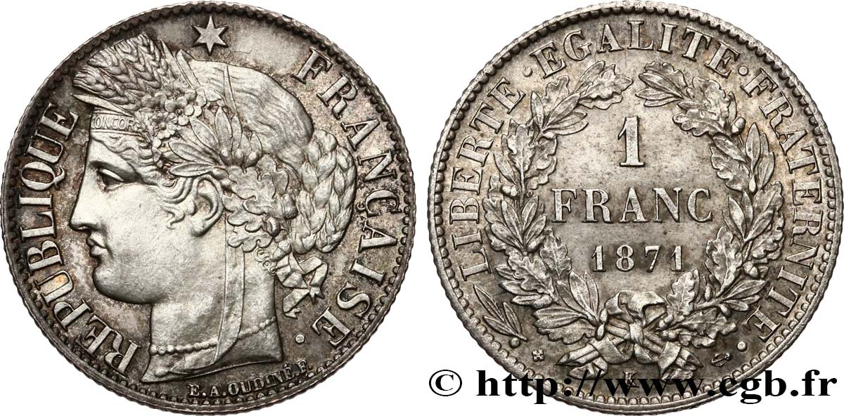 1 franc Cérès, IIIe République 1871 Bordeaux F.216/3 SUP62 