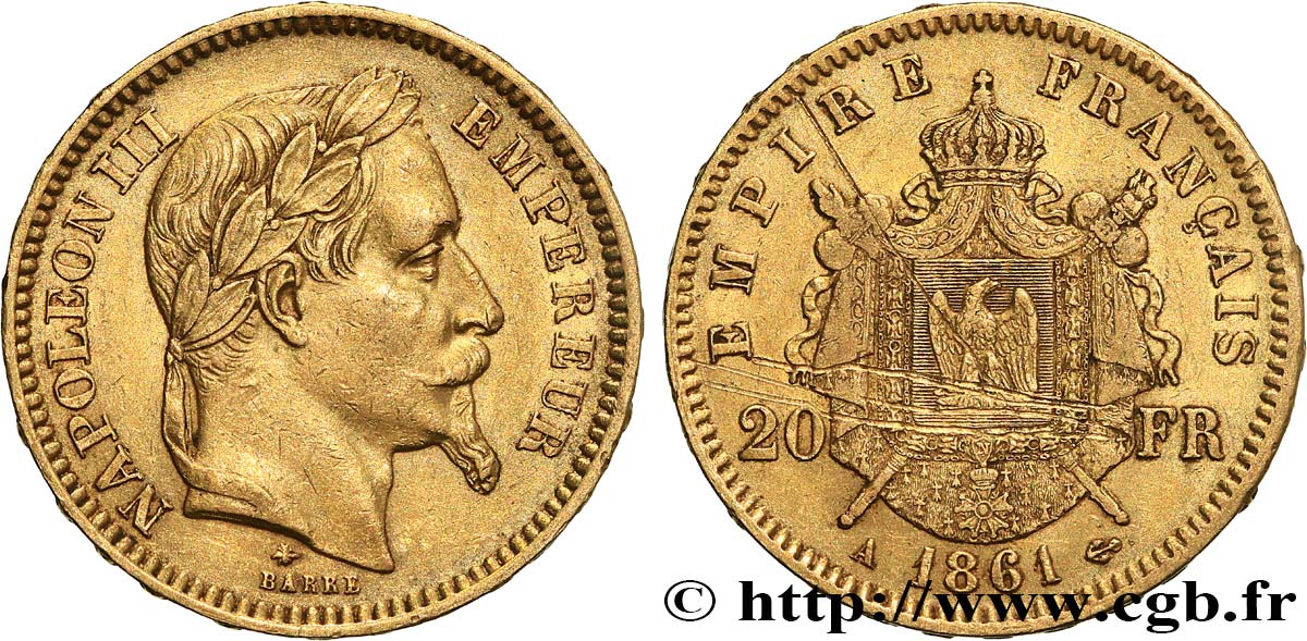 20 francs or Napoléon III, tête laurée 1861 Paris F.532/1 BC+ 