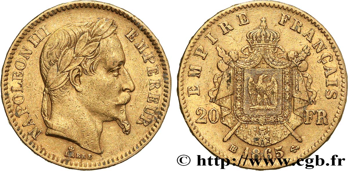 20 francs or Napoléon III, tête laurée 1865 Strasbourg F.532/12 q.BB 