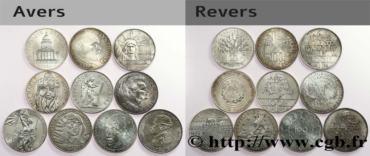 Lot de 10 pièces de 100 francs commémoratives - - F.-/ TTB 