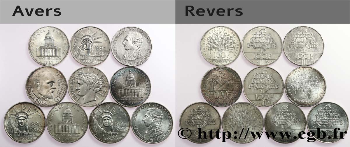 Lot de 10 pièces de 100 francs commémoratives - - F.-/ TTB 