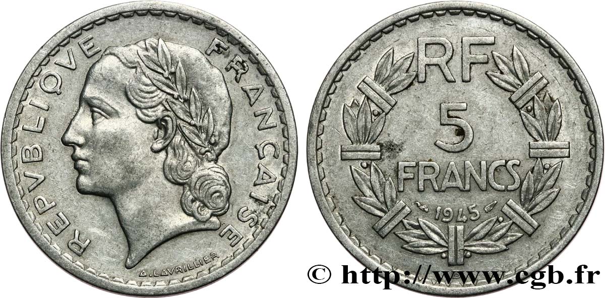 5 francs Lavrillier, aluminium 1945 Beaumont-Le-Roger F.339/4 XF45 