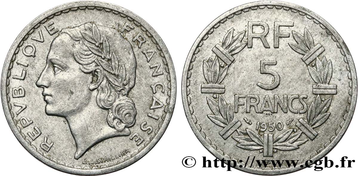5 francs Lavrillier, aluminium 1950 Beaumont-Le-Roger F.339/21 TTB40 