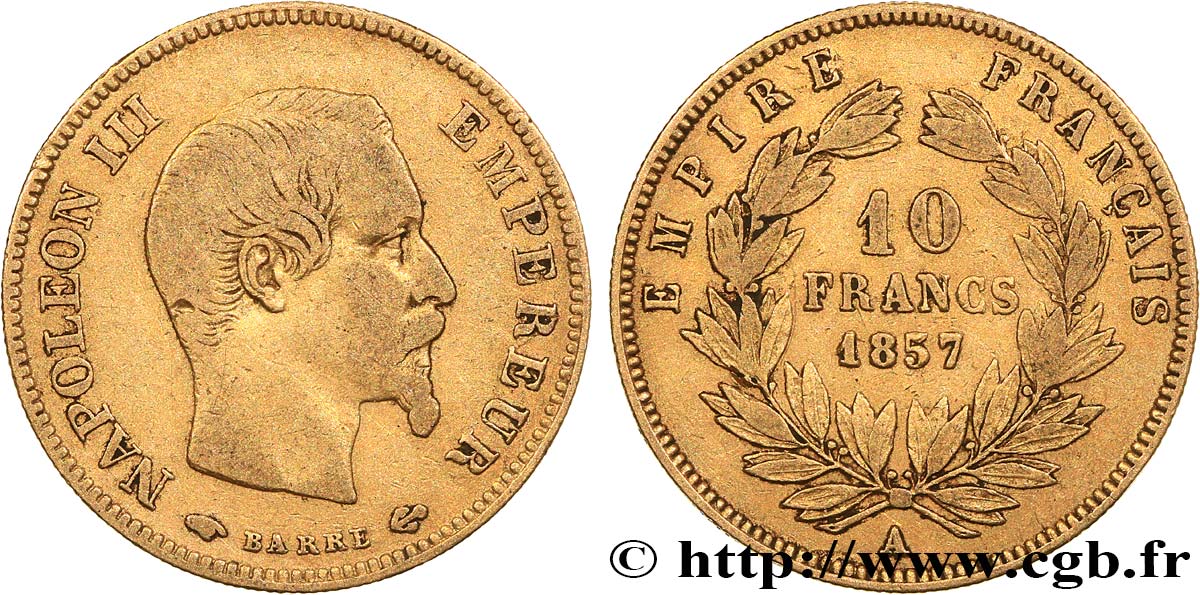 10 francs or Napoléon III, tête nue 1857 Paris F.506/4 VF25 