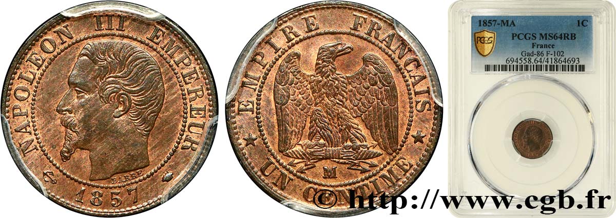 Un centime Napoléon III, tête nue 1857 Marseille F.102/36 SPL64 PCGS