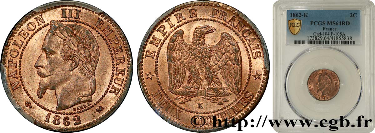 Deux centimes Napoléon III, tête laurée 1862 Bordeaux F.108A/7 SPL64 PCGS