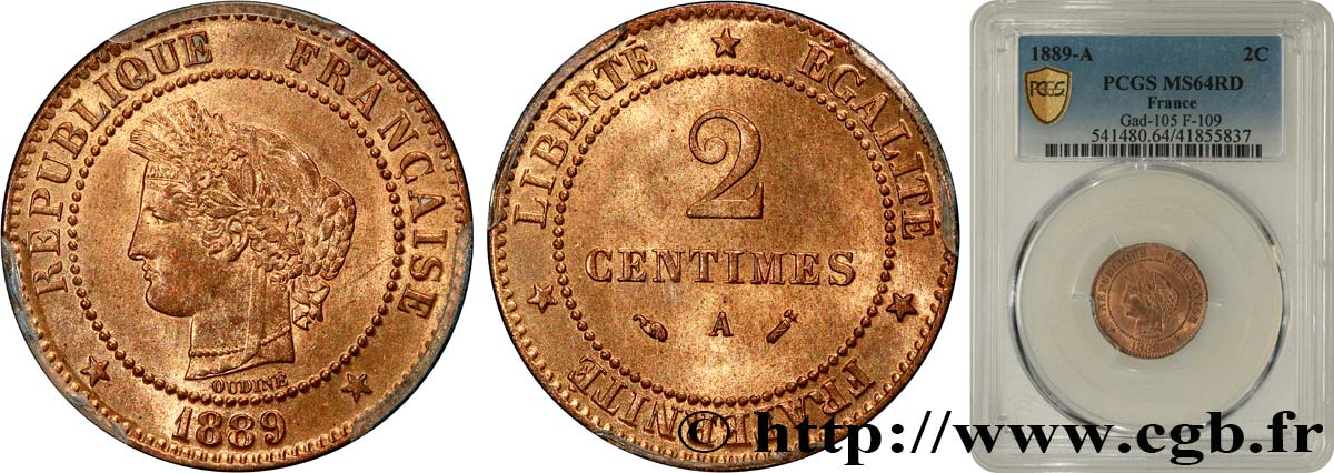 2 centimes Cérès 1889 Paris F.109/15 SPL64 PCGS