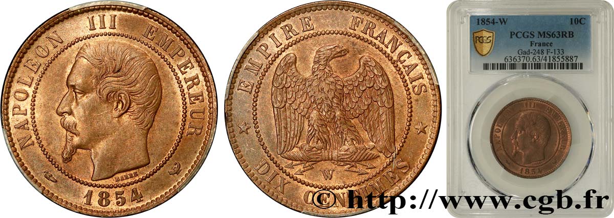Dix centimes Napoléon III, tête nue 1854 Lille F.133/18 MS63 PCGS
