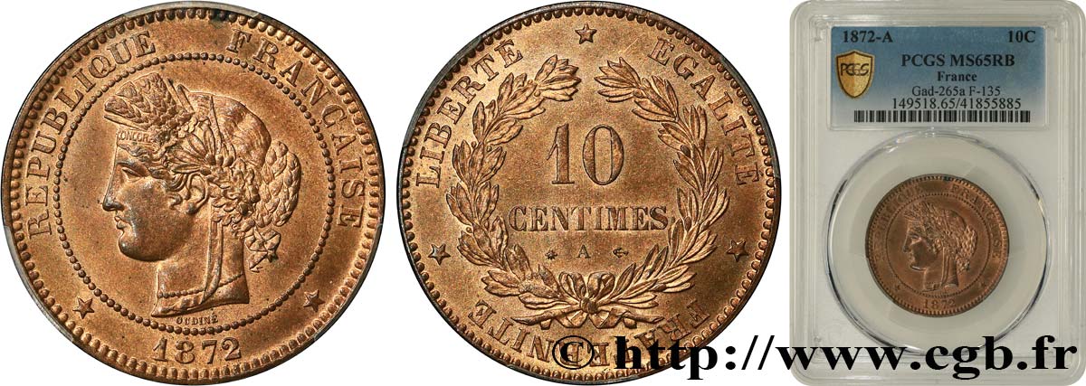 10 centimes Cérès 1872 Paris F.135/8 MS65 PCGS