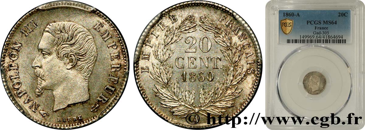 20 centimes Napoléon III, tête nue 1860 Paris F.148/14 SC64 PCGS