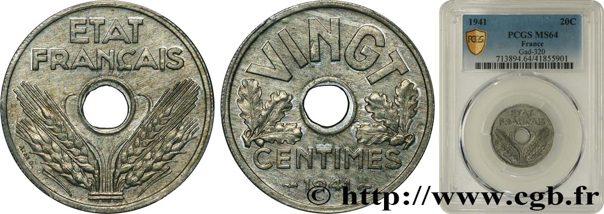 VINGT centimes État français 1941  F.152/2 MS64 PCGS
