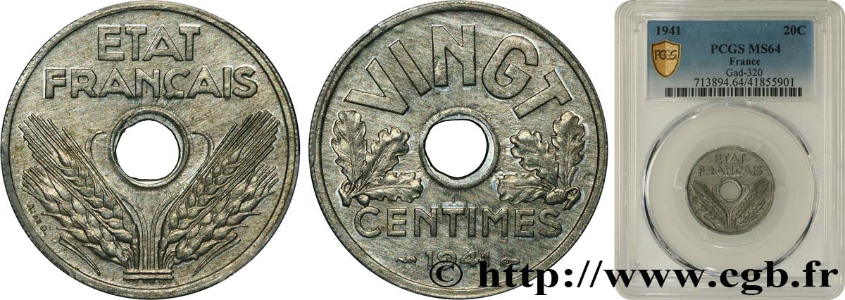 VINGT centimes État français 1941  F.152/2 fST64 PCGS