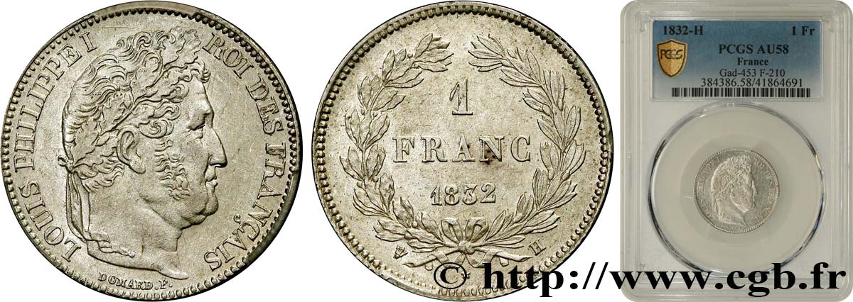 1 franc Louis-Philippe, couronne de chêne 1832 La Rochelle F.210/5 VZ58 PCGS