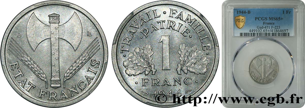 1 franc Francisque, légère 1944 Beaumont-Le-Roger F.223/6 FDC65 PCGS