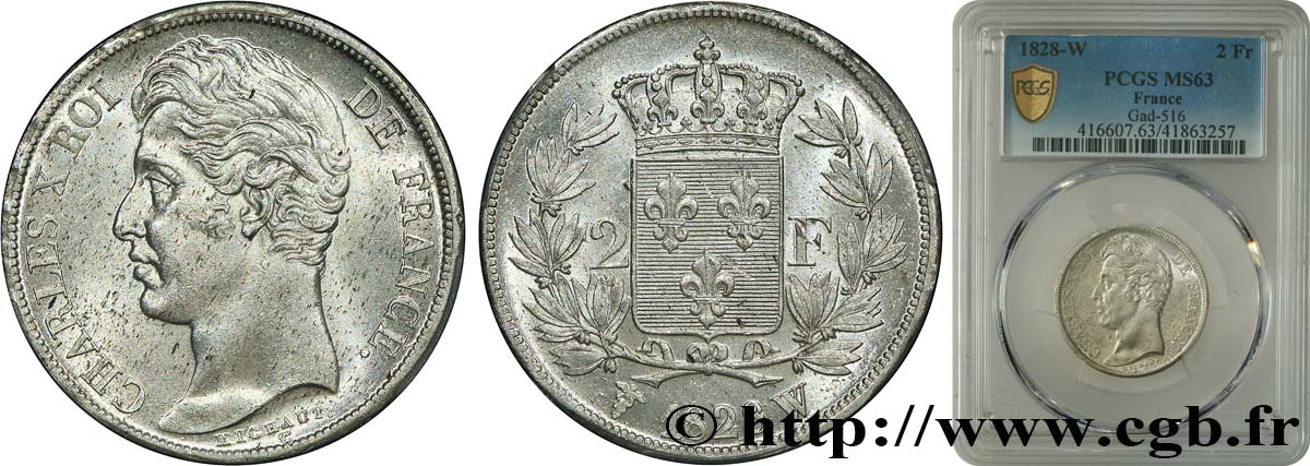 2 francs Charles X 1828 Lille F.258/48 MS63 PCGS