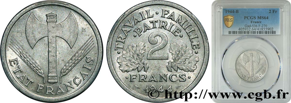 2 francs Francisque 1944 Beaumont-Le-Roger F.270/5 MS64 PCGS