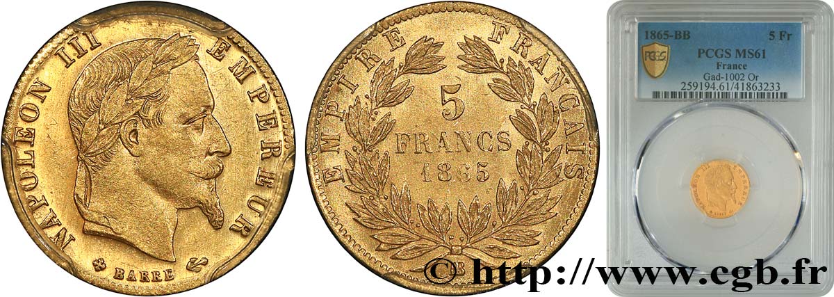 5 francs or Napoléon III, tête laurée 1865 Strasbourg F.502/8 EBC61 PCGS