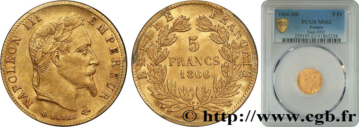 5 francs or Napoléon III, tête laurée 1866 Strasbourg F.502/10 EBC62 PCGS