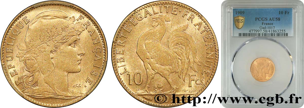 10 francs or Coq 1909 Paris F.509/10 SUP58 PCGS