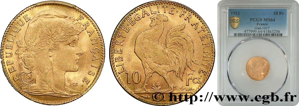 10 francs or Coq 1911 Paris F.509/12 SC64 PCGS