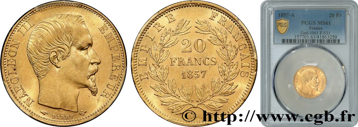 20 francs or Napoléon III, tête nue 1857 Paris F.531/12 VZ61 PCGS