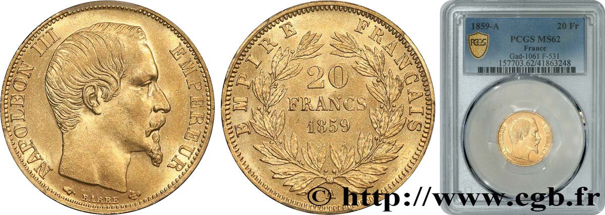 20 francs or Napoléon III, tête nue 1859 Paris F.531/15 EBC62 PCGS
