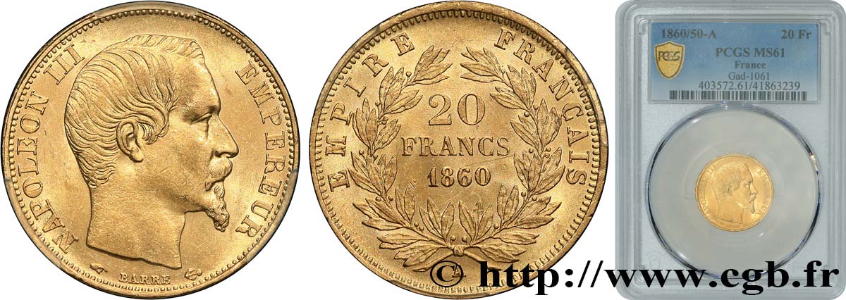 20 francs or Napoléon III, tête nue 1860 Paris F.531/17 SUP61 PCGS