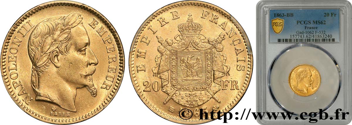 20 francs or Napoléon III, tête laurée 1863 Strasbourg F.532/7 SUP62 PCGS