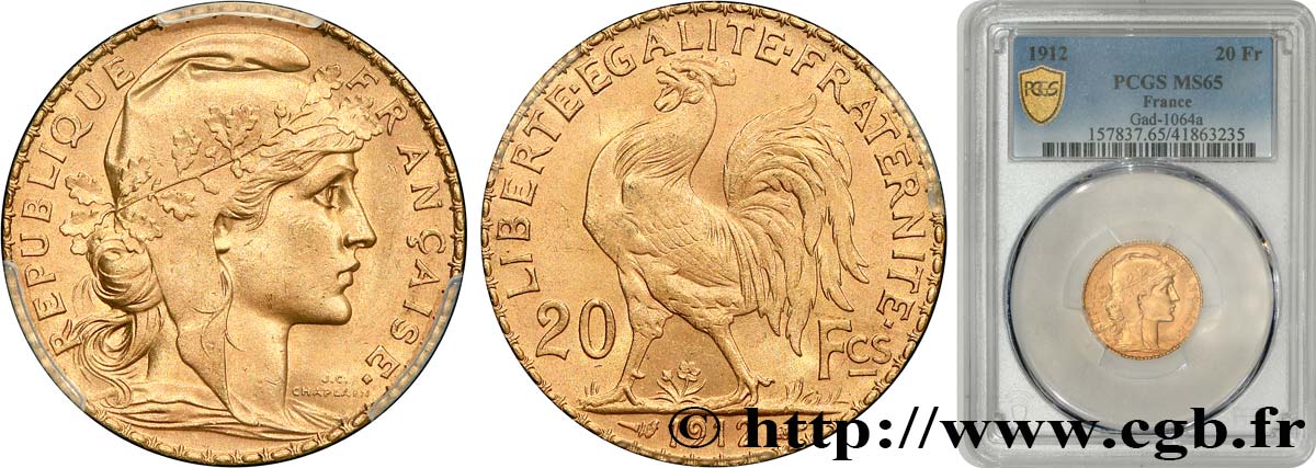 20 francs or Coq, Liberté Égalité Fraternité 1912 Paris F.535/6 ST65 PCGS