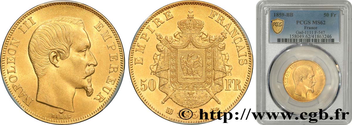 50 francs or Napoléon III, tête nue 1859 Strasbourg F.547/8 SUP62 PCGS