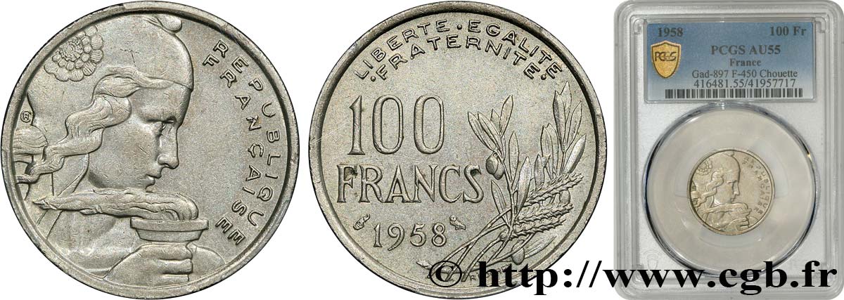 100 francs Cochet, chouette 1958  F.450/13 AU55 PCGS