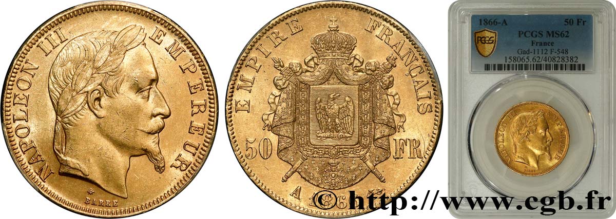 50 francs or Napoléon III, tête laurée 1866 Paris F.548/6 SUP62 PCGS